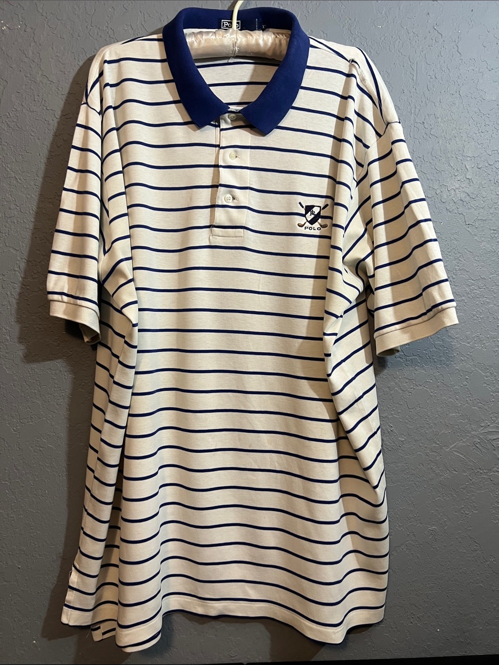 Polo by Ralph Lauren Cream Polo with Navy Stripes and Navy Collar